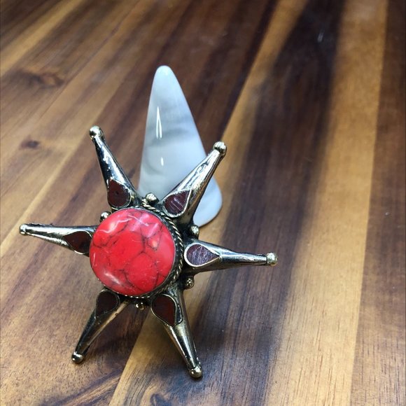 Red Stone Star Ring, Afghan Massive Ring, Handmade Statement Stone Ring, Boho - Picture 4 of 14